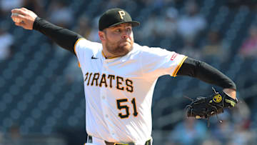 Jun 22, 2025; Pittsburgh, Pennsylvania, USA;  Pittsburgh Pirates relief pitcher David Bednar (51) pitches against the Texas Rangers during the ninth inning at PNC Park. 
