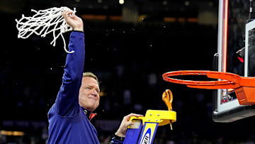 Apr 4, 2022; New Orleans, LA, USA; Kansas Jayhawks head coach Bill Self celebrates after beating the North Carolina Tar Heels during the 2022 NCAA men's basketball tournament Final Four.
