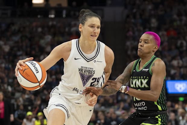 Golden State Valkyries forward Cecilia Zandalasini dribbles the ball past Minnesota Lynx guard Courtney Williams.