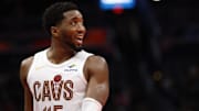 Nov 7, 2025; Washington, District of Columbia, USA; Cleveland Cavaliers guard Donovan Mitchell (45) talks to an official during a stoppage in play against the Washington Wizards in the second half in an Emirates NBA Cup game at Capital One Arena. Mandatory Credit: Geoff Burke-Imagn Images