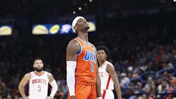Nov 8, 2024; Oklahoma City, Oklahoma, USAOklahoma City Thunder guard Shai Gilgeous-Alexander (2) smiles before taking a free throw shot during the second quarter against the Houston Rockets at Paycom Center. Mandatory Credit: Alonzo Adams-Imagn Images