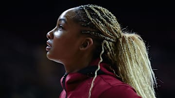Feb 8, 2025; Los Angeles, California, USA; USC Trojans forward Kiki Iriafen (44) warms up before a game against the Ohio State Buckeyes at Galen Center. Mandatory Credit: Robert Hanashiro-Imagn Images