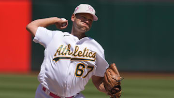 May 14, 2023; Oakland, California, USA; Oakland Athletics relief pitcher Garrett Acton (67) throws a pitch against the Texas Rangers during the seventh inning at Oakland-Alameda County Coliseum. Mandatory Credit: Darren Yamashita-Imagn Images