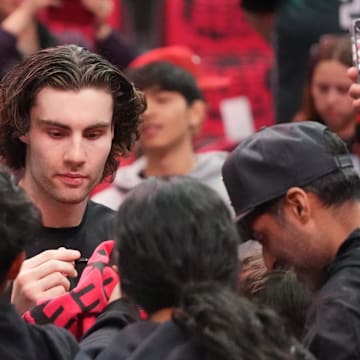 Apr 16, 2025; Chicago, Illinois, USA; Chicago Bulls guard Josh Giddey (3) signs autographs before the game against the Miami Heat at United Center. Mandatory Credit: David Banks-Imagn Images