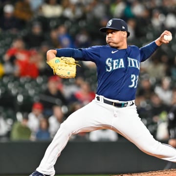 Seattle Mariners relief pitcher Justus Sheffield (33) throws against the Los Angeles Angels during the eighth inning at T-Mobile Park. Los Angeles won 3-0 in June of 2022.
