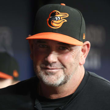 Jun 10, 2024; St. Petersburg, Florida, USA; Baltimore Orioles manager Brandon Hyde (18) looks on against the Tampa Bay Rays during the seventh inning at Tropicana Field.