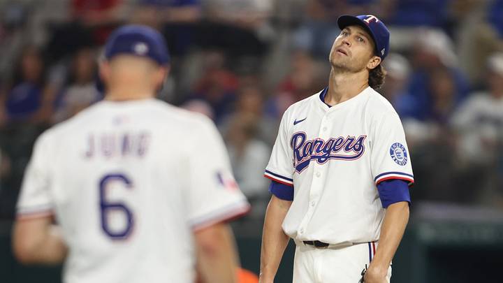 Sep 6, 2025; Arlington, Texas, USA; Texas Rangers pitcher Jacob deGrom (48) reacts after giving up a walk during the sixth inning against the Houston Astros at Globe Life Field. Mandatory Credit: Tim Heitman-Imagn Images