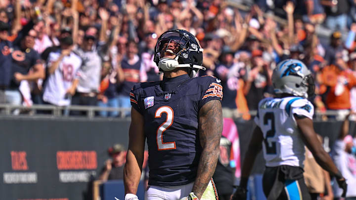 Chicago Bears wide receiver DJ Moore celebrates his receiving touchdown against the Carolina Panthers. Chicago Bears wide receiver DJ Moore celebrates his receiving touchdown against the Carolina Panthers.