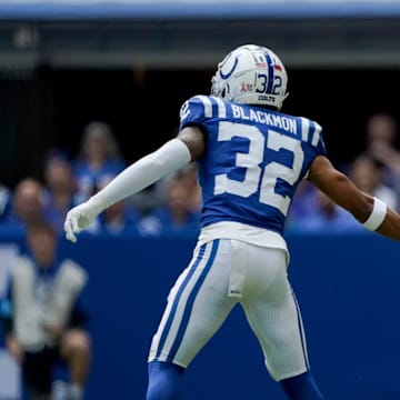 Indianapolis Colts safety Julian Blackmon (32) and Indianapolis Colts cornerback JuJu Brents (29) celebrate after a play Sunday, Sept. 8, 2024, during a game against the Houston Texans at Lucas Oil Stadium in Indianapolis.