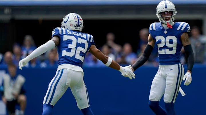 Indianapolis Colts safety Julian Blackmon (32) and Indianapolis Colts cornerback JuJu Brents (29) celebrate after a play Sunday, Sept. 8, 2024, during a game against the Houston Texans at Lucas Oil Stadium in Indianapolis.