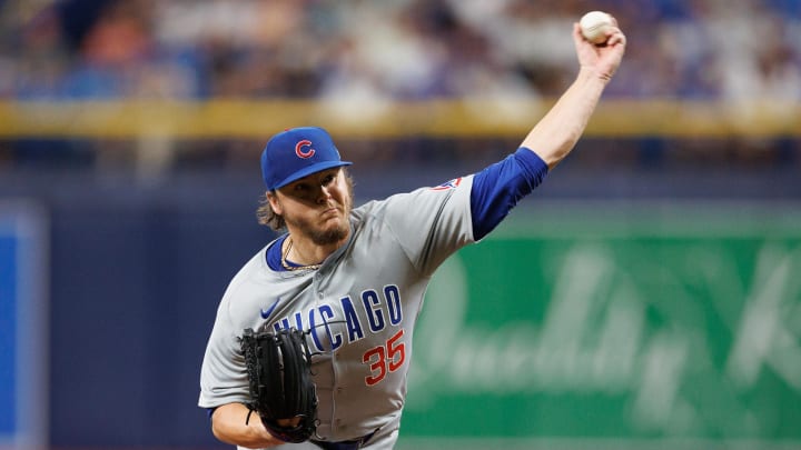 Jun 13, 2024; St. Petersburg, Florida, USA;  Chicago Cubs pitcher Justin Steele (35) throws a pitch against the Tampa Bay Rays in the second inning at Tropicana Field. 