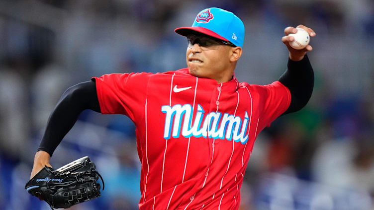 Sep 23, 2023; Miami, Florida, USA; Miami Marlins starting pitcher Jesus Luzardo (44) throws a pitch