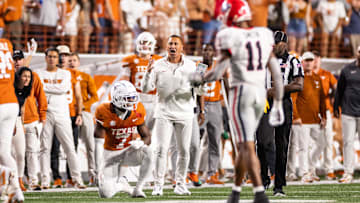 Oct 19, 2024; Austin, Texas, USA; Texas Longhorns head coach Steve Sarkisian and cornerback Jahdae Barron (7) react after a pass interference call in the third quarter against the Georgia Bulldogs at Darrell K Royal-Texas Memorial Stadium.