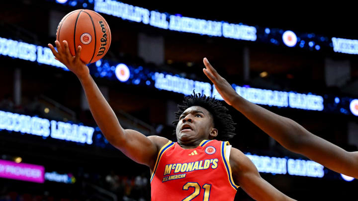 Apr 2, 2024; Houston, TX, USA; McDonald's All American West guard Karter Knox (21) shoots around McDonald's All American East forward Jayden Quaintance (21) during the second half at Toyota Center. Mandatory Credit: Maria Lysaker-USA TODAY Sports