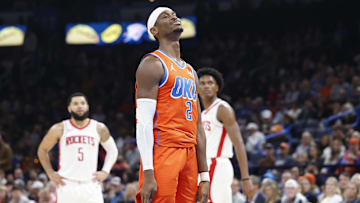 Nov 8, 2024; Oklahoma City, Oklahoma, USAOklahoma City Thunder guard Shai Gilgeous-Alexander (2) smiles before taking a free throw shot during the second quarter against the Houston Rockets at Paycom Center. Mandatory Credit: Alonzo Adams-Imagn Images