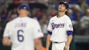 Texas Rangers pitcher Jacob deGrom (48) reacts after giving up a walk during the sixth inning against the Houston Astros at Globe Life Field. 