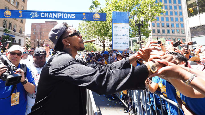 Jun 12, 2018; Oakland, CA, USA; Golden State Warriors guard Nick Young (6) greets fans during the championship parade in downtown Oakland. Mandatory Credit: Kelley L Cox-USA TODAY Sports