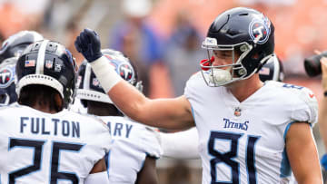 Sep 24, 2023; Cleveland, Ohio, USA; Tennessee Titans tight end Josh Whyle (81) joins the team huddle during warmups before the game against the Cleveland Browns at Cleveland Browns Stadium. Mandatory Credit: Scott Galvin-USA TODAY Sports