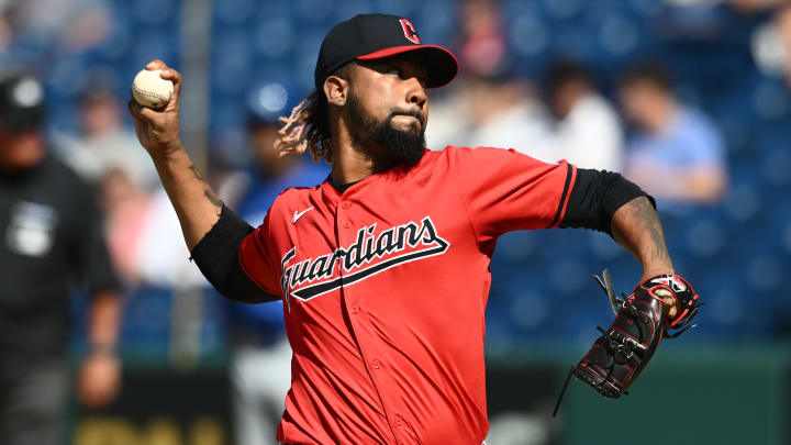 Aug 28, 2024; Cleveland, Ohio, USA; Cleveland Guardians relief pitcher Emmanuel Clase (48) throws a pitch during the ninth inning against the Kansas City Royals at Progressive Field. Mandatory Credit: Ken Blaze-USA TODAY Sports