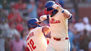 Jul 5, 2025; Philadelphia, Pennsylvania, USA; Philadelphia Phillies third base Alec Bohm (28) celebrates with outfielder Kyle Schwarber (12) after hitting a two RBI home run during the sixth inning against the Cincinnati Reds at Citizens Bank Park. Mandatory Credit: Bill Streicher-Imagn Images