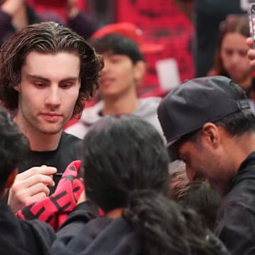 Apr 16, 2025; Chicago, Illinois, USA; Chicago Bulls guard Josh Giddey (3) signs autographs before the game against the Miami Heat at United Center. Mandatory Credit: David Banks-Imagn Images