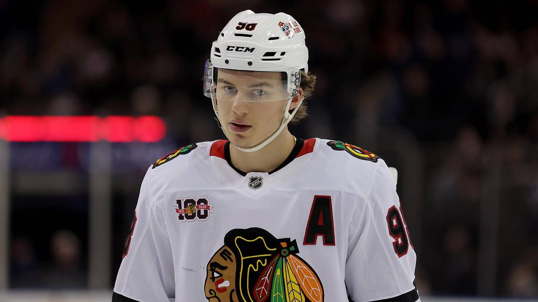 Mar 27, 2026; New York, New York, USA; Chicago Blackhawks center Connor Bedard (98) skates against the New York Rangers during the first period at Madison Square Garden. Mandatory Credit: Brad Penner-Imagn Images
