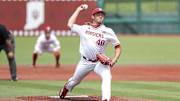 Indiana relief pitcher Gavin Seebold throws a pitch during Indiana's game against Purdue at Bart Kaufman Field on May 10, 2025.