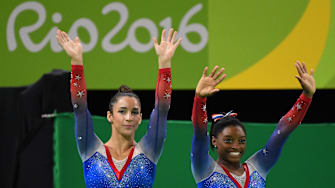 Aly Raisman and Simone Biles after winning Olympic silver and gold medals in the women's floor exercise on Aug. 16, 2016.