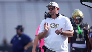 Sep 20, 2025; Atlanta, Georgia, USA; Georgia Tech Yellow Jackets head coach Brent Key on the sidelines against the Temple Owls in the first quarter at Bobby Dodd Stadium at Hyundai Field. Mandatory Credit: Brett Davis-Imagn Images
