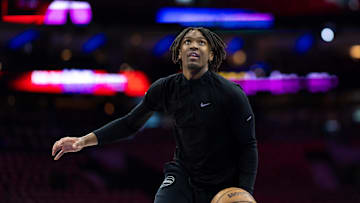 Apr 28, 2024; Philadelphia, Pennsylvania, USA; Philadelphia 76ers guard Tyrese Maxey warms up before