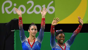 Aly Raisman and Simone Biles after winning Olympic silver and gold medals in the women's floor exercise on Aug. 16, 2016.