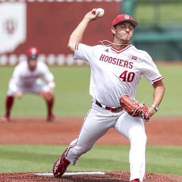 Indiana relief pitcher Gavin Seebold throws a pitch during Indiana's game against Purdue at Bart Kaufman Field on May 10, 2025.
