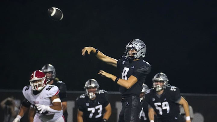 Hamilton quarterback Jax Sculley (8) throws against Brophy pressure during a game at Hamilton High School in Chandler, on Sept. 19, 2025. Hamilton quarterback Jax Sculley (8) throws against Brophy pressure during a game at Hamilton High School in Chandler, on Sept. 19, 2025.