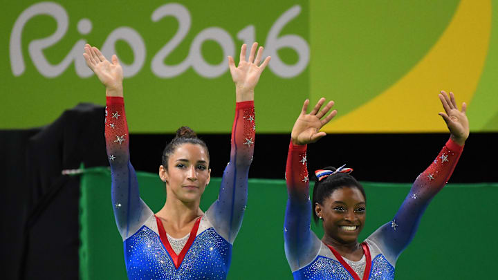 Aly Raisman and Simone Biles after winning Olympic silver and gold medals in the women's floor exercise on Aug. 16, 2016.