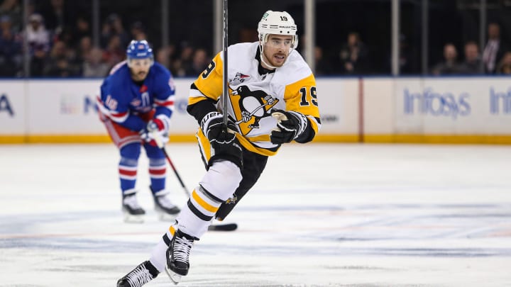 Apr 1, 2024; New York, New York, USA; Pittsburgh Penguins right wing Reilly Smith (19) skates against the New York Rangers during the first period at Madison Square Garden. Mandatory Credit: Danny Wild-USA TODAY Sports