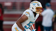 August 23, 2025; Santa Clara, California, USA; Los Angeles Chargers linebacker Kana'i Mauga (56) warms up before the game against the San Francisco 49ers at Levi's Stadium. Mandatory Credit: Kyle Terada-Imagn Images