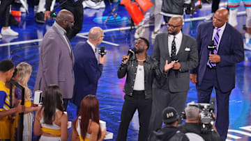 Kevin Hart talks with Ernie Johnson, Jr. after the 2025 NBA All Star Game at Chase Center.