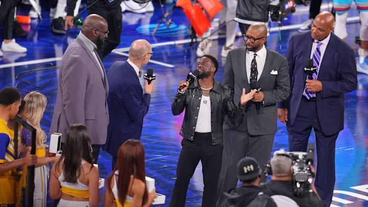 Kevin Hart talks with Ernie Johnson, Jr. after the 2025 NBA All Star Game at Chase Center.