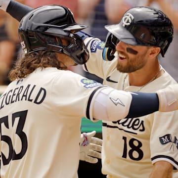 Aug 10, 2025; Minneapolis, Minnesota, USA; Minnesota Twins third baseman Ryan Fitzgerald (53) celebrates his two-run home run against the Kansas City Royals with first baseman Kody Clemens (18) in the third inning at Target Field. It was the first major league hit for Fitzgerald.
