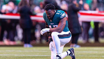 Dec 15, 2024; Philadelphia, Pennsylvania, USA; Philadelphia Eagles linebacker Nakobe Dean (17) before action against the Pittsburgh Steelers at Lincoln Financial Field. Mandatory Credit: Bill Streicher-Imagn Images