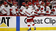 Carolina Hurricanes defenseman Shayne Gostisbehere celebrates after scoring a goal against the Washington Capitals.