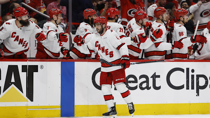 Carolina Hurricanes defenseman Shayne Gostisbehere celebrates after scoring a goal against the Washington Capitals.