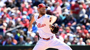 Mar 21, 2025; Clearwater, Florida, USA; Philadelphia Phillies starting pitcher Zach Wheeler (45) throws a pitch in the first inning against the Minnesota Twins during spring training  at BayCare Ballpark. Mandatory Credit: Jonathan Dyer-Imagn Images