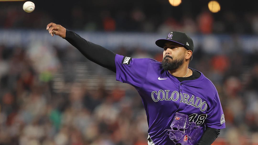 Sep 26, 2025; San Francisco, California, USA;  Colorado Rockies starting pitcher German Marquez (48) pitches the ball against the San Francisco Giants during the first inning at Oracle Park. Mandatory Credit: Kelley L Cox-Imagn Images