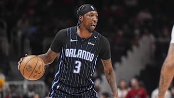 Apr 13, 2025; Atlanta, Georgia, USA; Orlando Magic guard Kentavious Caldwell-Pope (3) controls the ball against the Atlanta Hawks during the first half at State Farm Arena. Mandatory Credit: Dale Zanine-Imagn Images
