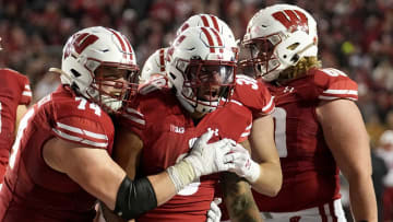 Wisconsin running back Braelon Allen (0) celebrates his touchdown run during overtime of their game Saturday, November 18, 2023 at Camp Randall Stadium in Madison, Wisconsin. Wisconsin beat Nebraska 24-17 in overtime.