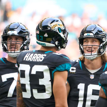 Oct 1, 2023; London, United Kingdom; Jacksonville Jaguars quarterback Trevor Lawrence (16) reacts with a smile during the first half of an NFL International Series game at Wembley Stadium. Mandatory Credit: Peter van den Berg-USA TODAY Sports