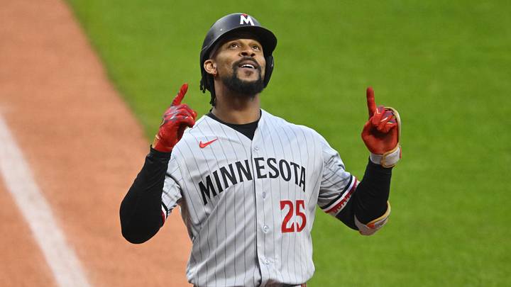 May 9, 2026; Cleveland, Ohio, USA; Minnesota Twins center fielder Byron Buxton (25) celebrates his solo home run in the first inning against the Cleveland Guardians at Progressive Field. Mandatory Credit: David Richard-Imagn Images
