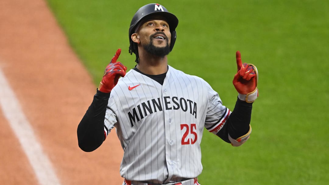 May 9, 2026; Cleveland, Ohio, USA; Minnesota Twins center fielder Byron Buxton (25) celebrates his solo home run in the first inning against the Cleveland Guardians at Progressive Field.
