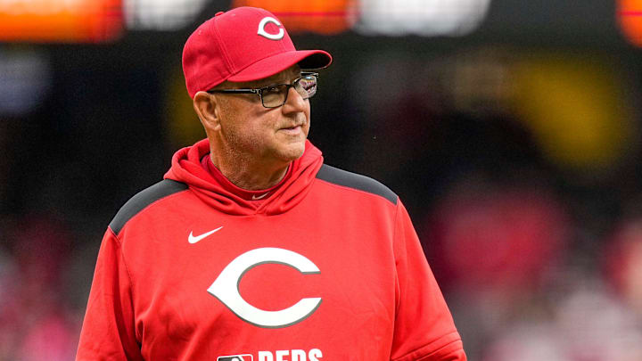 Cincinnati Reds manager Francona returns to the dugout after making a pitching change during the MLB Opening Day game between the Cincinnati Reds and the San Francisco Giants.